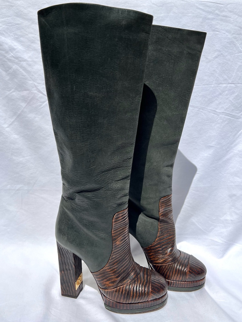 Chanel Leather Knee High Block Heel CC Logo Boots Black Size 38